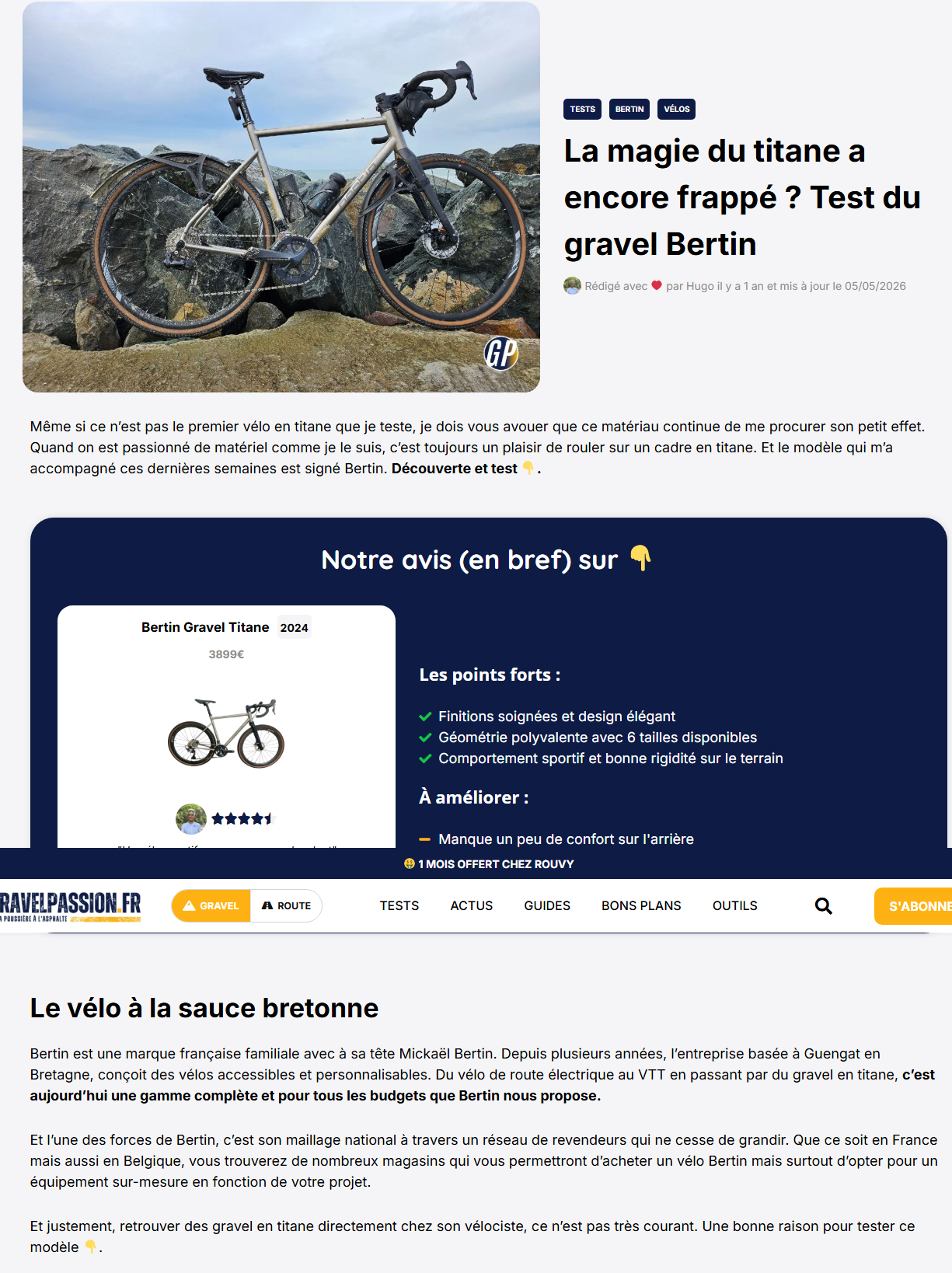 Bertin Gravel Titane 2024 testé par GravelPassion.fr