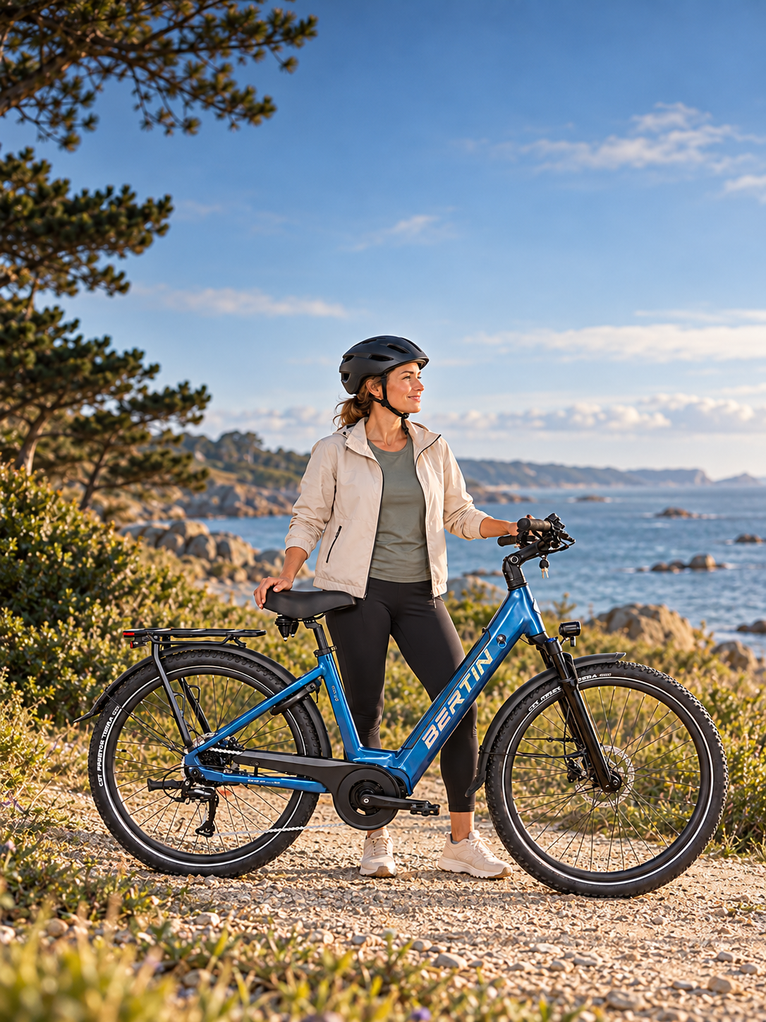 Une cycliste avec le Bertin SUV 2027 bleu sur la côte bretonne